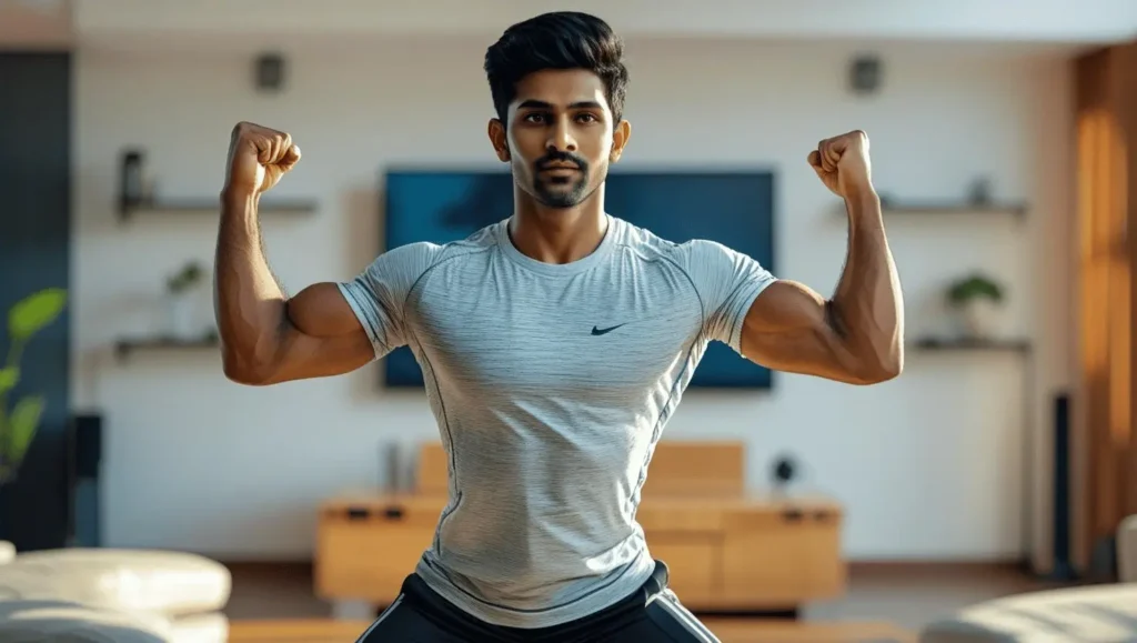 Beginner doing on air fitness routine with proper form at home