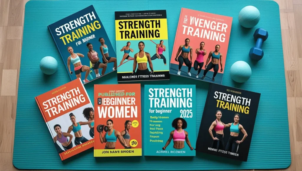Collection showing the best strength training books for beginner women in 2025 arranged on a fitness mat