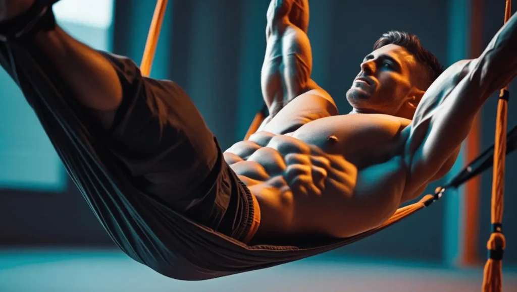 Person performing aerial core exercise in hammock